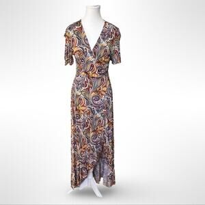 Lascana Boho Womens 6 Paisley Floral Maxi Dress Side Slit Flutter‎ Short Sleeve